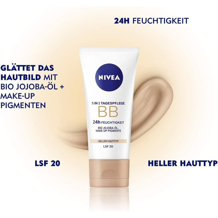 NIVEA 5-in-1 Light Skin Tinted Day Cream with 24h Hydration, SPF 20 Protection, and Organic Jojoba Oil (50 ml)