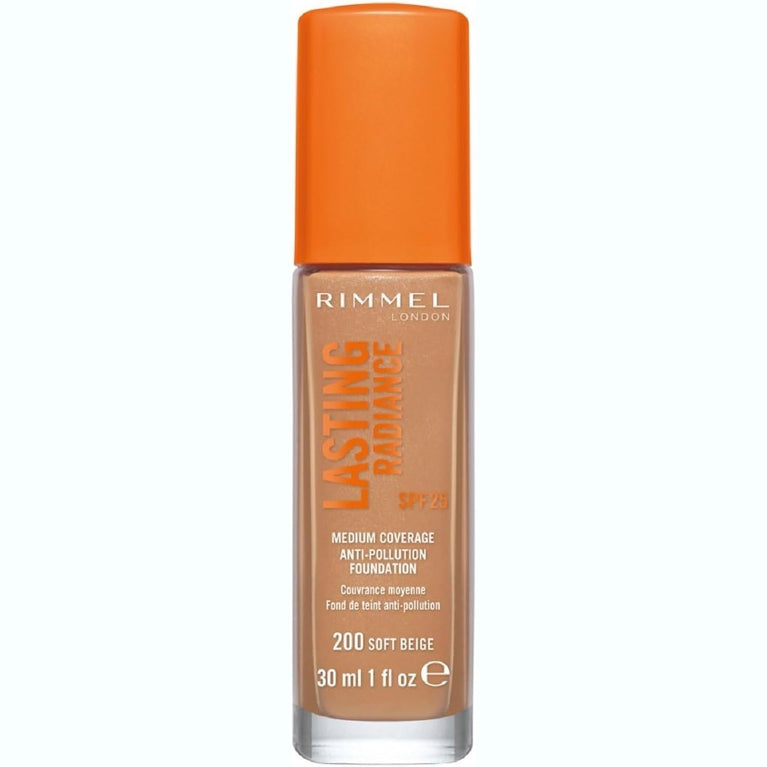 Rimmel Lasting Radiance Foundation in Soft Beige - Medium Coverage with SPF 25 and Anti-Pollution Properties, 30ml