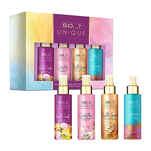 So...? Unique Womens Gift Set with Vanilla Candy, Sweet Pea, Truffle Cream, & Cashmere, Body Mist Fragrance Spray Set (4 x 50ml.)