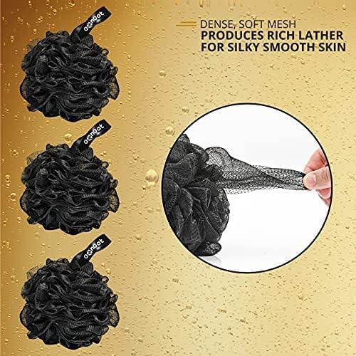 Exfoliating Loofah Shower Puff 3Pcs - Premium Bamboo Charcoal Bath Sponges for Skin Cleansing and Scrubbing - Black