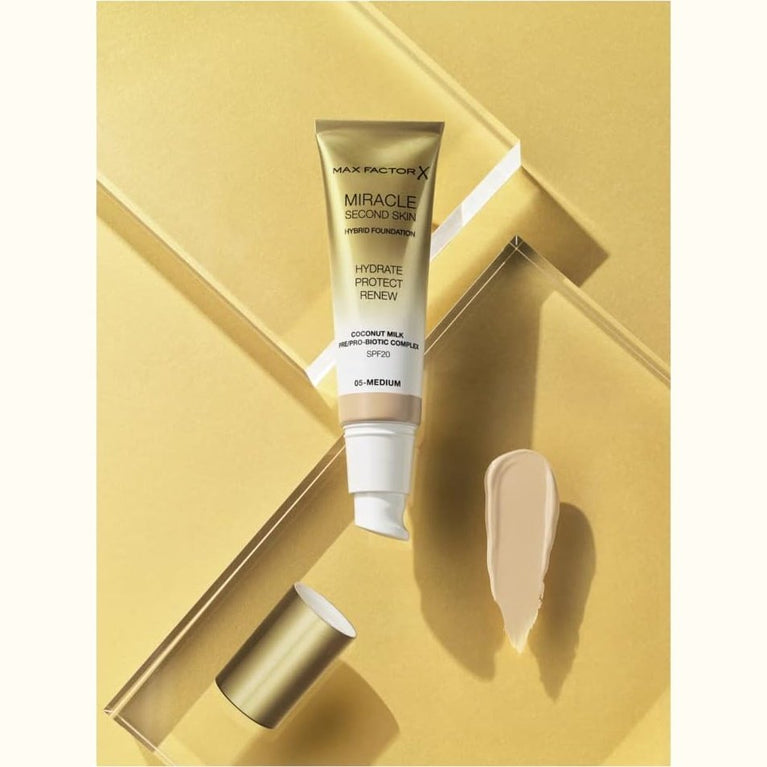 Max Factor Second Skin Miracle Touch Foundation, 01-Fair, 30 ml - Lightweight Hydrating Makeup with Skin Renewal Benefits
