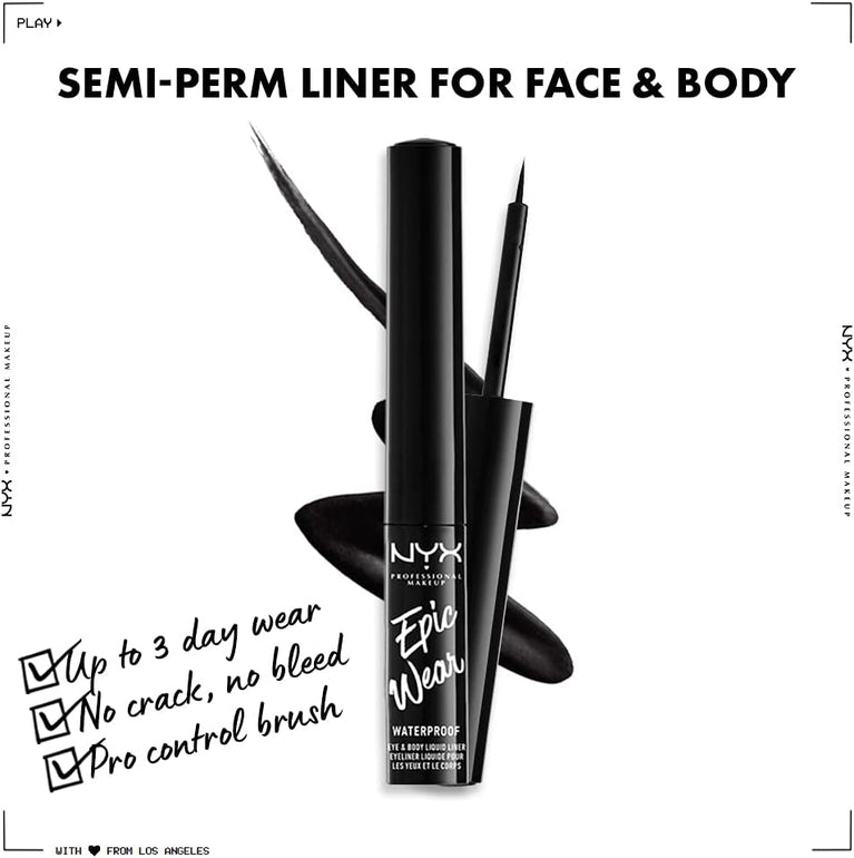 NYX Pro Artist-Inspired Epic Wear Liquid Liner, Matte Black, Waterproof and Smudge-proof, Ideal for Eye Makeup and Body Art, Long-lasting 72-hour Wear
