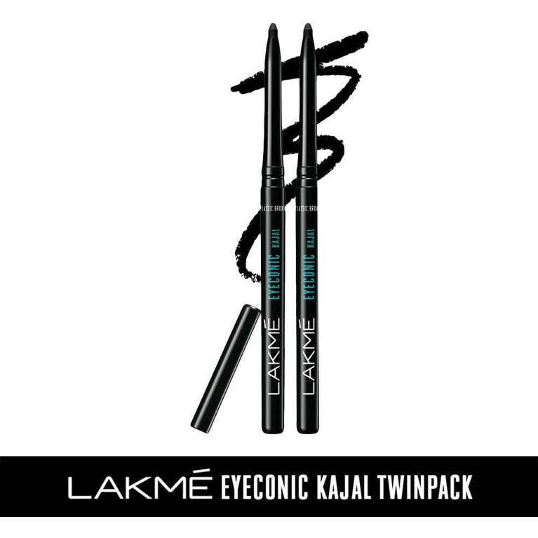 Lakme Eyeconic Waterproof Kajal Twin Pack, Black, 0.35g - Long-lasting Smudgeproof Eyeliner from India