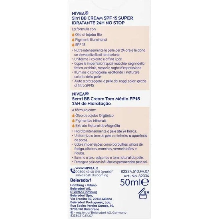 NIVEA 5-in-1 Provitamin B5 BB Cream for Medium to Dark Skin Tones with 24 Hour Moisturization and SPF 15- 50ml