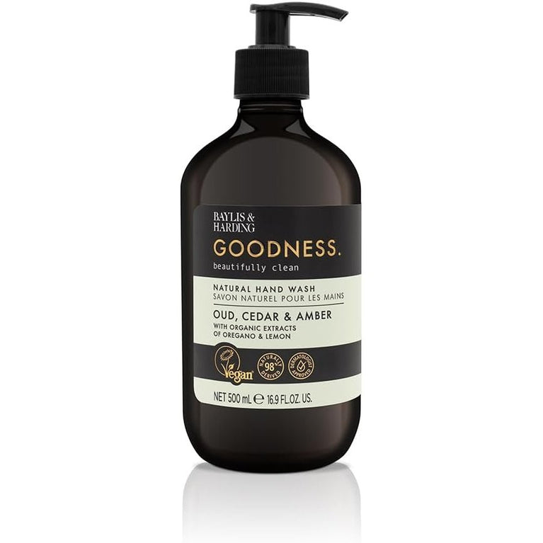 Luxurious Baylis & Harding Goodness Oud, Cedar & Amber Natural Hand Wash, 500 ml (Pack of 3) - Vegan Friendly