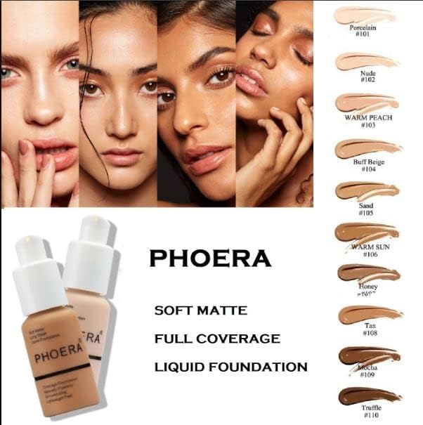 PHOERA 24-Hour Lasting Matte Foundation with Oil Control - 30ml Full Coverage Flawless Face Formula for Women & Girls