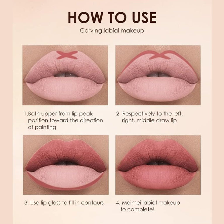 24-Hour Stay On Matte Liquid Lipstick and Lip Liner Set - Waterproof, Non-Fade, Non-Stick Cup, Velvety Nude, Pack of 6 (Set C)- Perfect Makeup Gift Set
