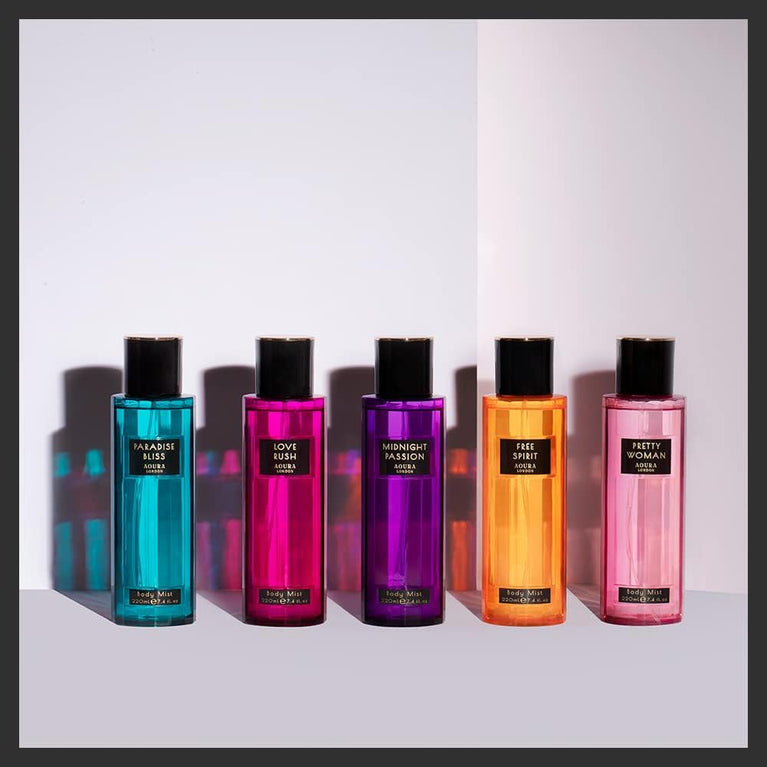 AOURA LONDON Womens Body Mist Gift Set: Love Rush, Midnight Passion, Pretty Woman, & Paradise Bliss (4x60ml)