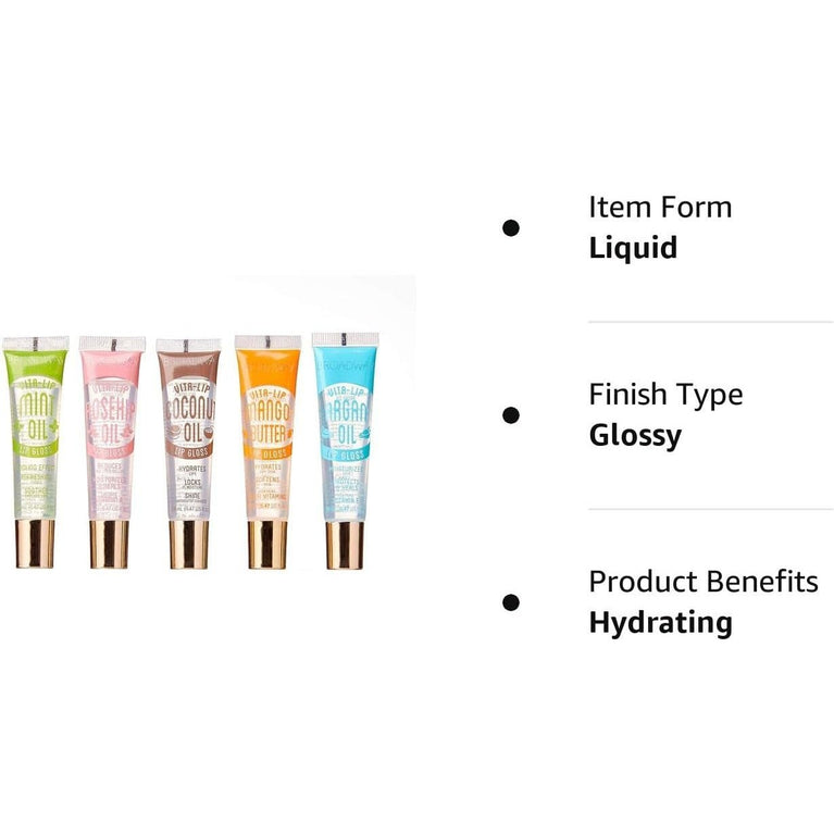5-Piece Broadway Vita-Lip Clear Lip Gloss Set – Mint, Coconut, Rosehip, Mango Butter, Argan Oil - 0.47oz/14ml each with Abis BookSafety Seal