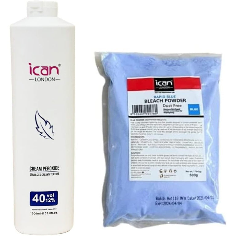 ICAN LONDON PROFESSIONAL HAIR COLORING KIT - 40 VOL 12% PEROXIDE & RAPID BLUE BLEACH 500 G COMBO