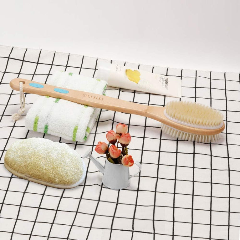 Ithyes Long Handle Shower Brush with Natural Bristles and Loofah Pad