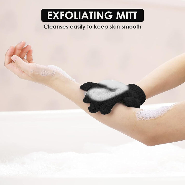 Sibba Exfoliating Bath Gloves with Natural Loofah for Body and Face - Double Sided Microfibre Shower Body Gloves for Adults and Kids (Black)