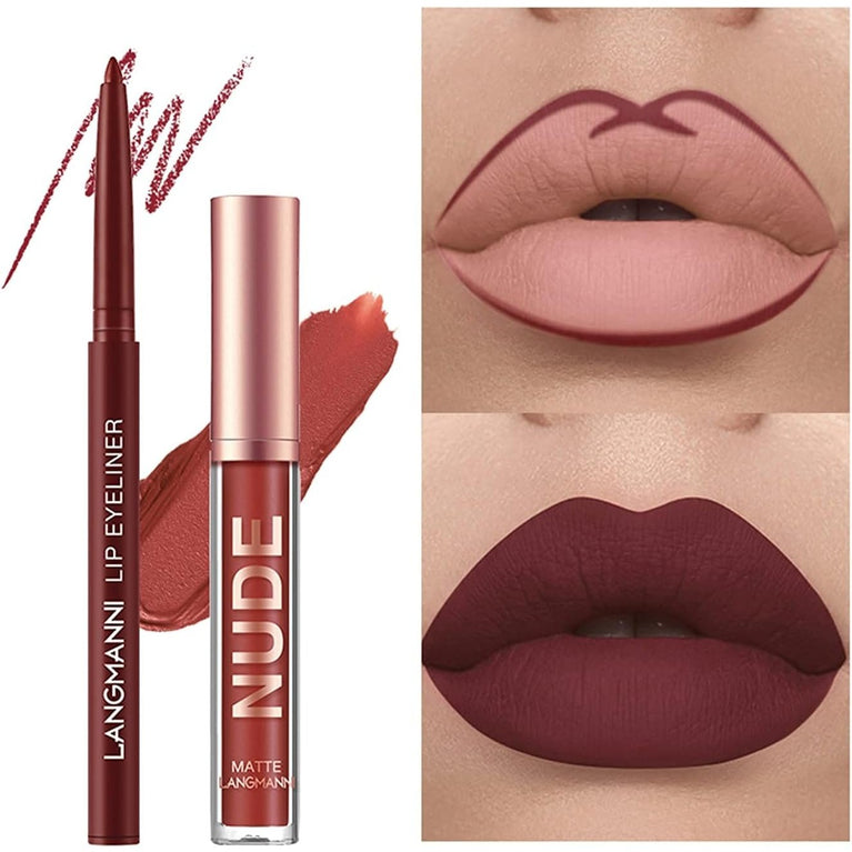 24-Hour Stay On Matte Liquid Lipstick and Lip Liner Set - Waterproof, Non-Fade, Non-Stick Cup, Velvety Nude, Pack of 6 (Set C)- Perfect Makeup Gift Set