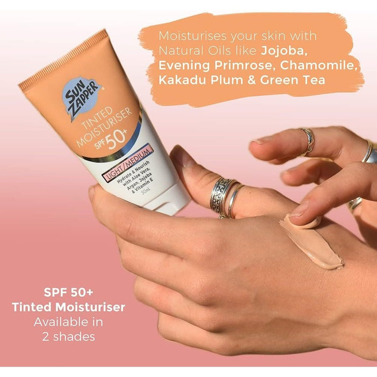 Sun Zapper SPF 50 Tinted Face Moisturiser - Lightweight BB Cream with Aloe Vera and Vitamin E - Light/Medium Shade