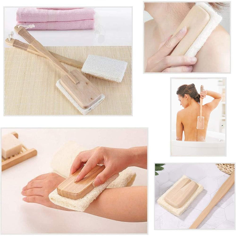 Exfoliating Back Scrubber Set with Natural Luffa and Long Wooden Handle for Shower and Bath Spa