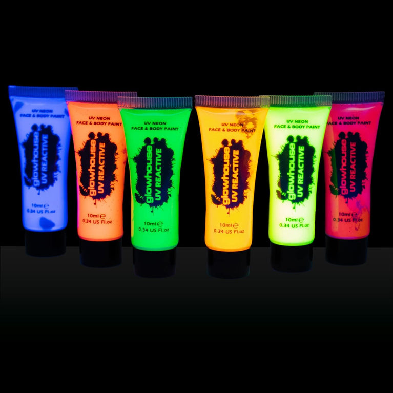 Ultra Bright UV Reactive Neon Face and Body Paint Set by The Glowhouse (6 Pack) - Perfect for Festivals and Glow Parties