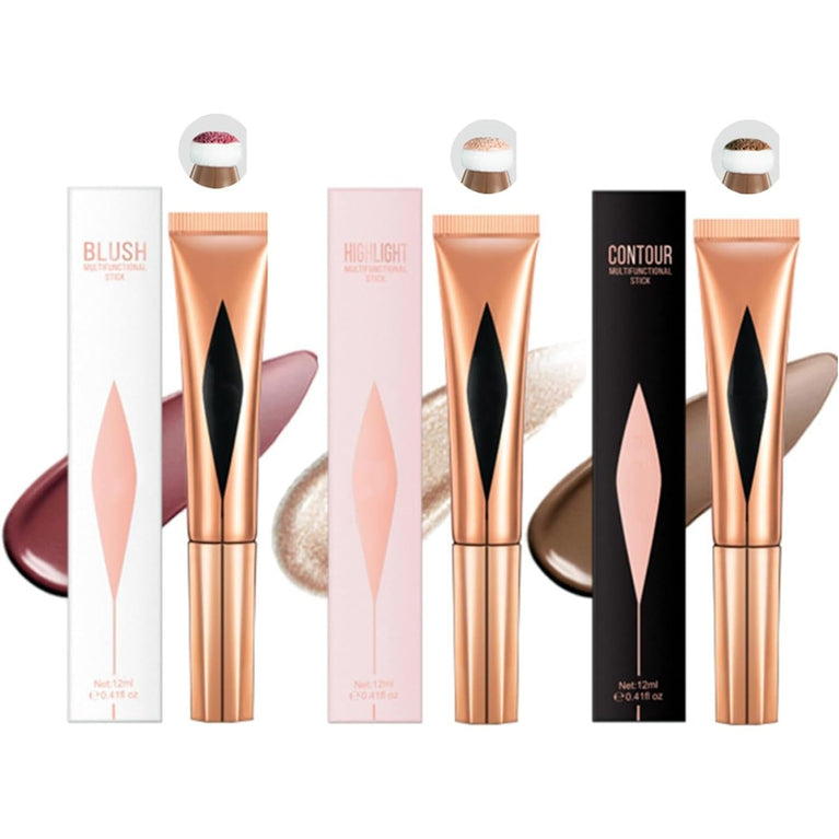 Versatile 3-in-1 Makeup Kit - Liquid Contour, Highlighter & Blush Set with Portable Sponge Applicator