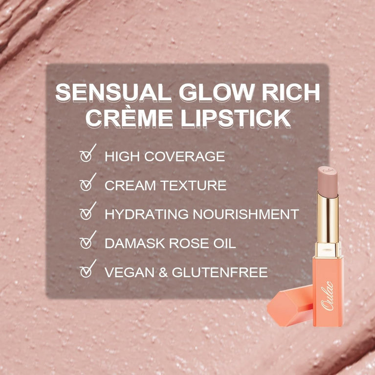 Oulac High Coverage Crème Lipstick - Hydrating Shea Butter Infused, Satin Finish, Vegan and Gluten-Free, Nude Lip Colour SG01 Bare for Women