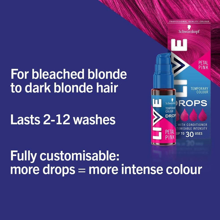 Live Schwarzkopf Colour Drops, Vegan, Semi-permanent, Pink Hair Dye, Lasts 2 to 12 Washes, Petal Pink, 30 ml