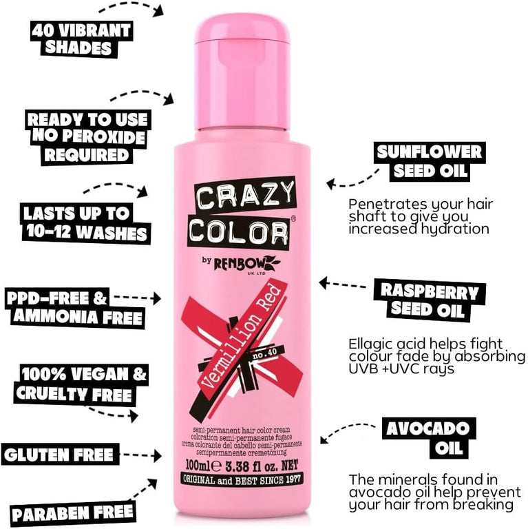 Crazy Color Vibrant Vermillion Red Semi-Permanent Duo Hair Dye. Highly Pigmented Scarlet Red Conditioning & Oil Nourishing Vegan Formula | No Bleach or Ammonia | 200ml