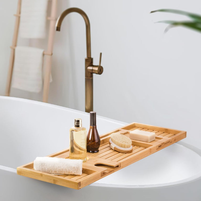 Luxury Bamboo Bath Caddy with Secure Slots for iPad, Kindle, Towel, and Wine Glass Holder