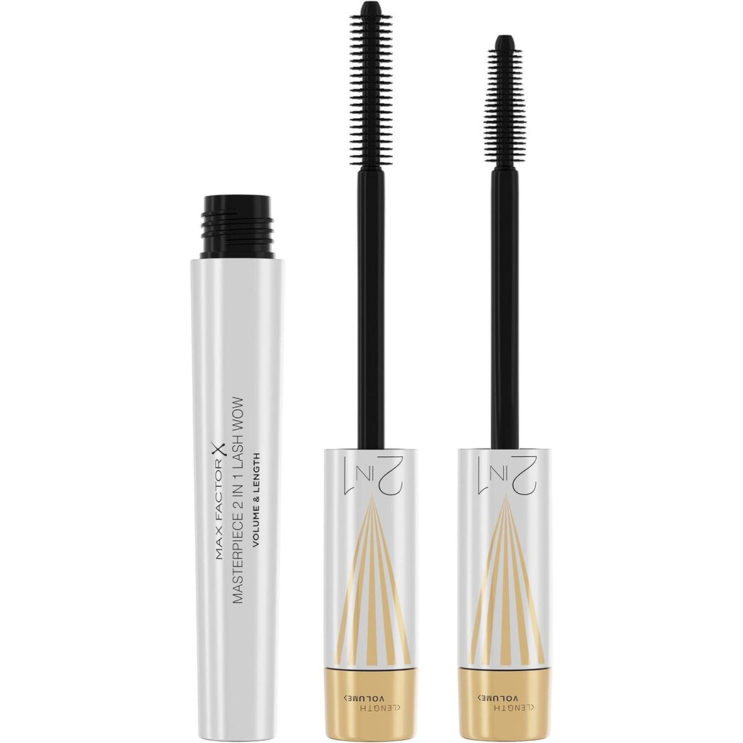 Max Factor Masterpiece 2-in-1 Lengthening and Volumising WOW Mascara, 001 Black, Long-Lasting and Vegan, 7.0 ml