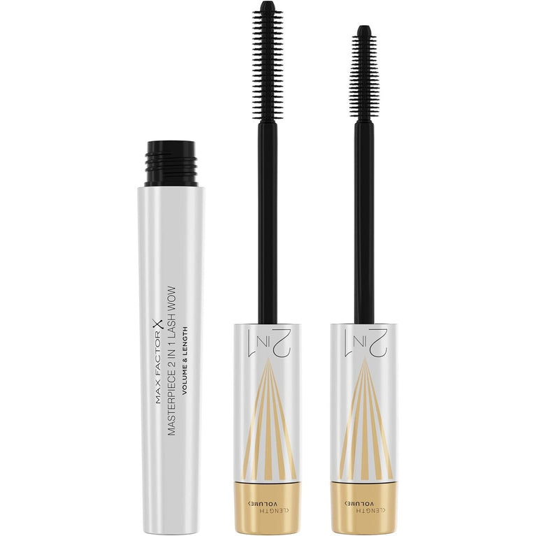 Max Factor Masterpiece 2-in-1 Lengthening and Volumising WOW Mascara, 001 Black, Long-Lasting and Vegan, 7.0 ml