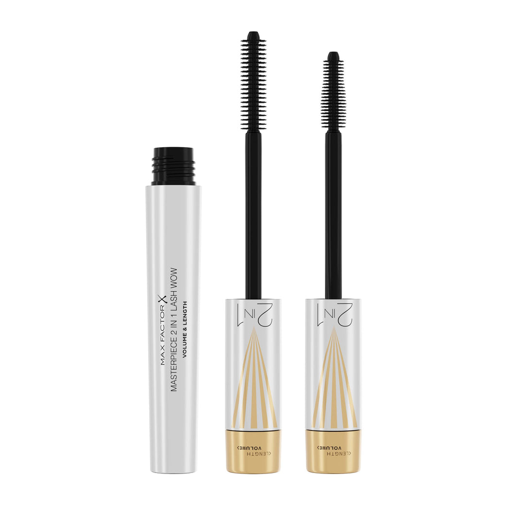 Max Factor Masterpiece 2-in-1 Lengthening and Volumising WOW Mascara, 001 Black, Long-Lasting and Vegan, 7.0 ml