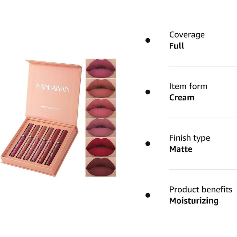 Vibrant 6-Piece Waterproof Matte Liquid Lipstick Set – Long-lasting, Non-Stick, Comfort-wear Makeup Kit for Women and Girls (A)