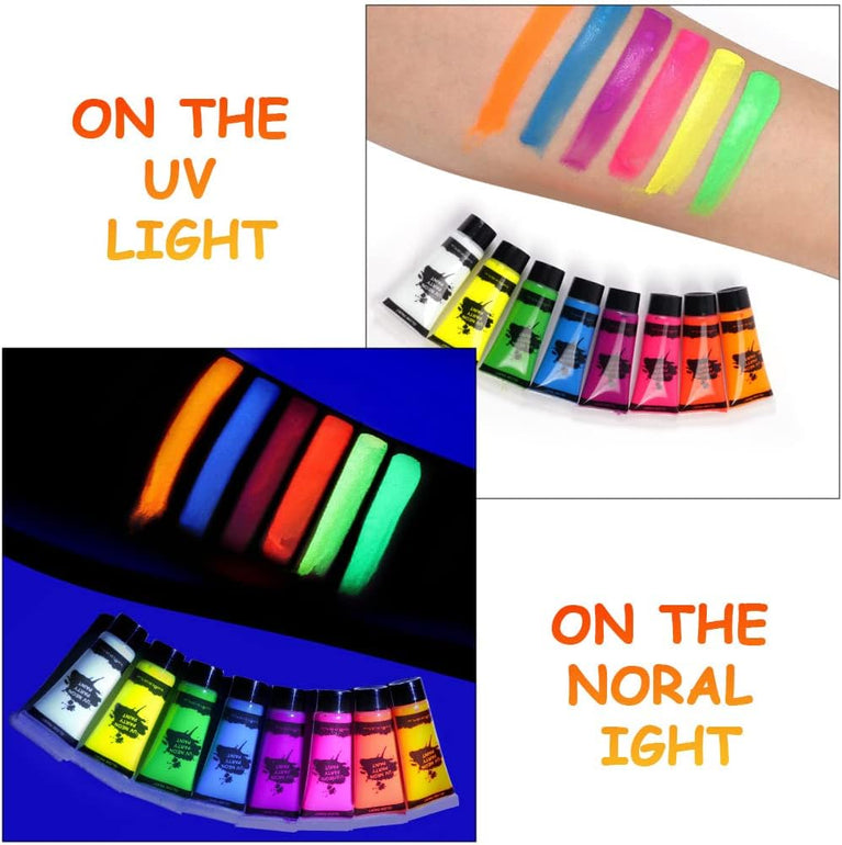 AOOWU 8-Color UV Reactive Face and Body Neon Paint Set with Palette and Brushes, Safe and Easy-to-Clean Glow-in-the-Dark Makeup Kit for Parties, Festivals and Halloween Events