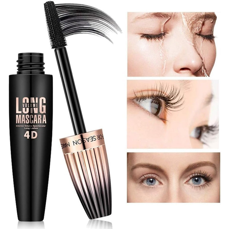 Voluminous 4D Silk Fiber Mascara - Waterproof, Longer & Thicker Lashes, Hypoallergenic, Easy Application & Removal, Smudge-Proof & Long-Lasting (Black)
