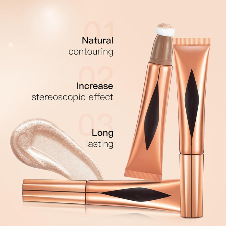 Versatile 3-in-1 Makeup Kit - Liquid Contour, Highlighter & Blush Set with Portable Sponge Applicator