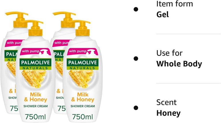 Palmolive Naturals Milk and Honey Shower Cream, 4-Pack of 750ml Pump Bottles