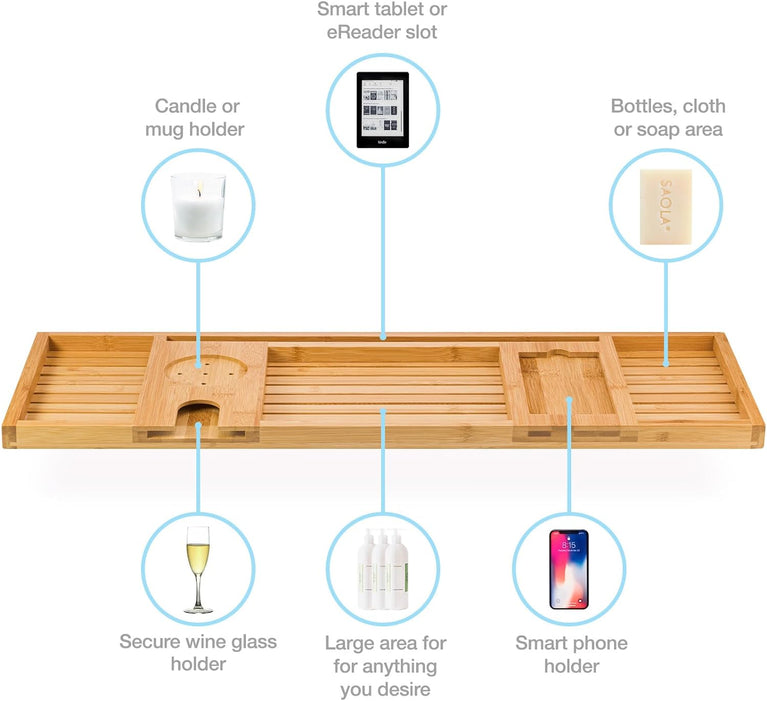 Luxury Bamboo Bath Caddy with Secure Slots for iPad, Kindle, Towel, and Wine Glass Holder