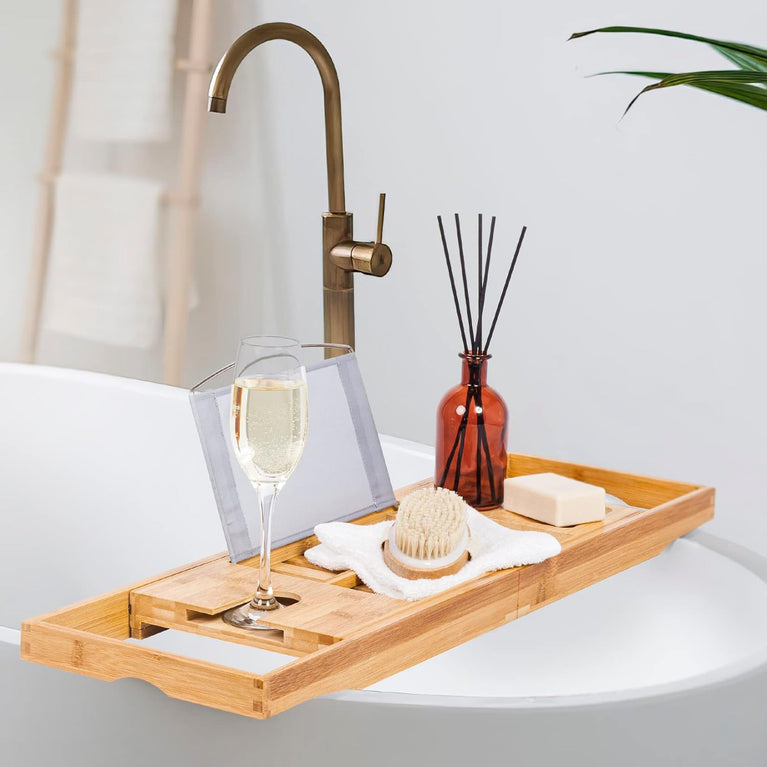 Woodluv Premium Bamboo Bath Tray Caddy with Extendable Arms and Versatile Features