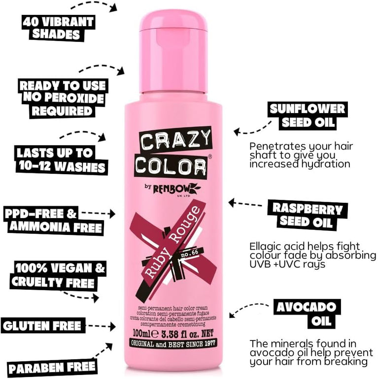 Crazy Color Vibrant Ruby Rouge Semi-Permanent Duo Hair Dye. Highly Pigmented Wine Red/Plum Conditioning & Oil Nourishing Vegan Formula | No Bleach or Ammonia | 200ml