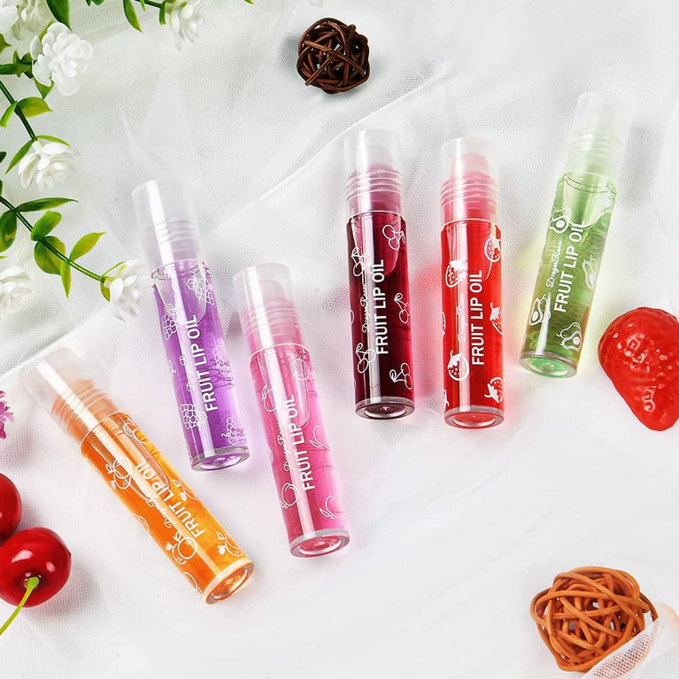 AOOWU 6-Piece Fruit-Flavored Lip Oil Kit - Hydrating, Long-Lasting Plumping Gloss with Roll-On Design (Peach, Orange, Avocado, Strawberry, Grape, Cherry)