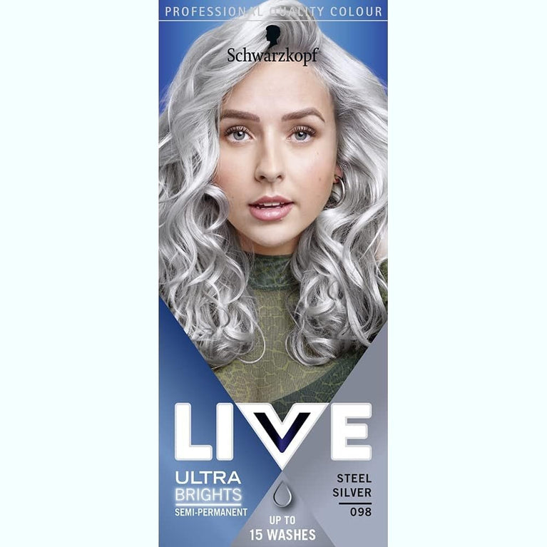Schwarzkopf LIVE Ultra Brights Or Pastels, Vibrant Semi-permanent Silver Hair Dye, Lasts Up to 15 Washes, Steel Silver 098