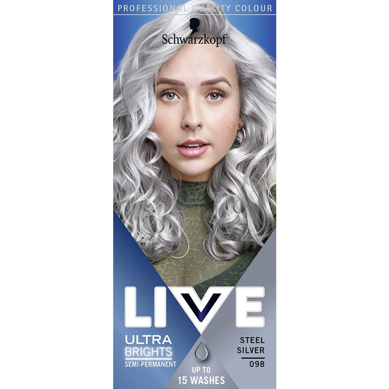 Schwarzkopf LIVE Ultra Brights Or Pastels, Vibrant Semi-permanent Silver Hair Dye, Lasts Up to 15 Washes, Steel Silver 098