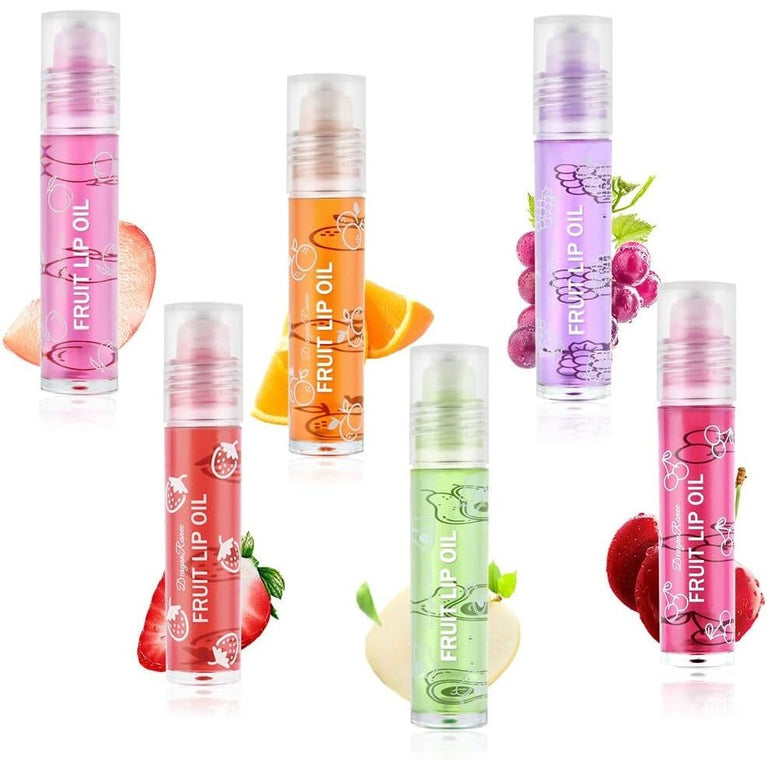AOOWU 6-Piece Fruit-Flavored Lip Oil Kit - Hydrating, Long-Lasting Plumping Gloss with Roll-On Design (Peach, Orange, Avocado, Strawberry, Grape, Cherry)