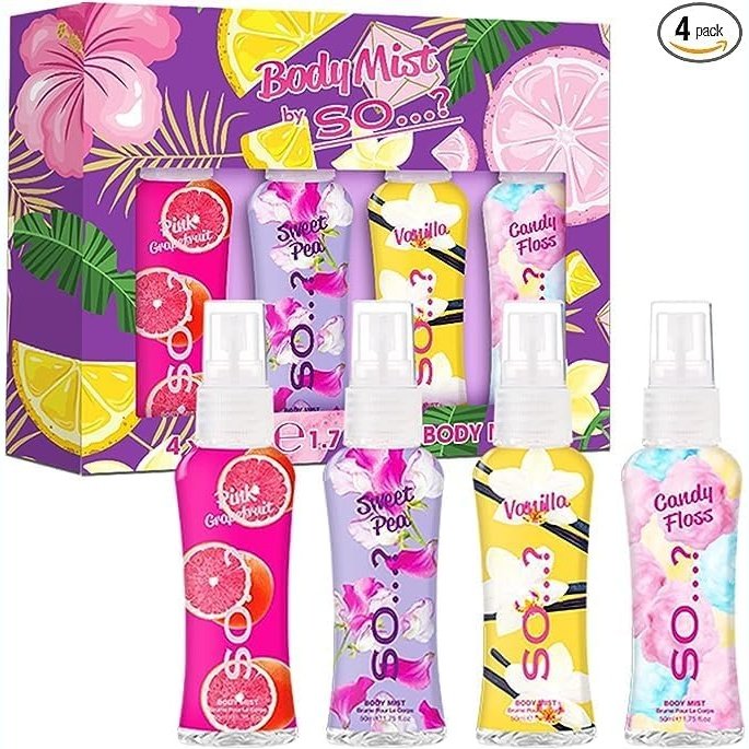 Body Mist Gift Set with Pink Grapefruit, Vanilla, Candy Floss & Sweet Pea Fragrance Spray Set (4x50ml)