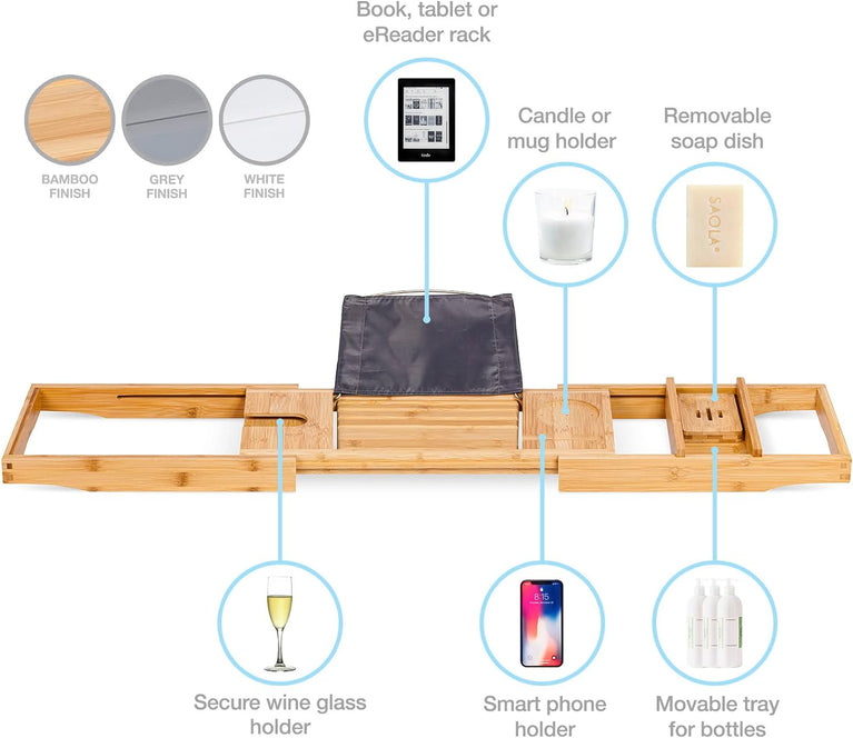 Extendable Bamboo Bath Caddy Tray for Bathtub with Phone and Tablet Slots, Candle Holder, and Soap Organizer