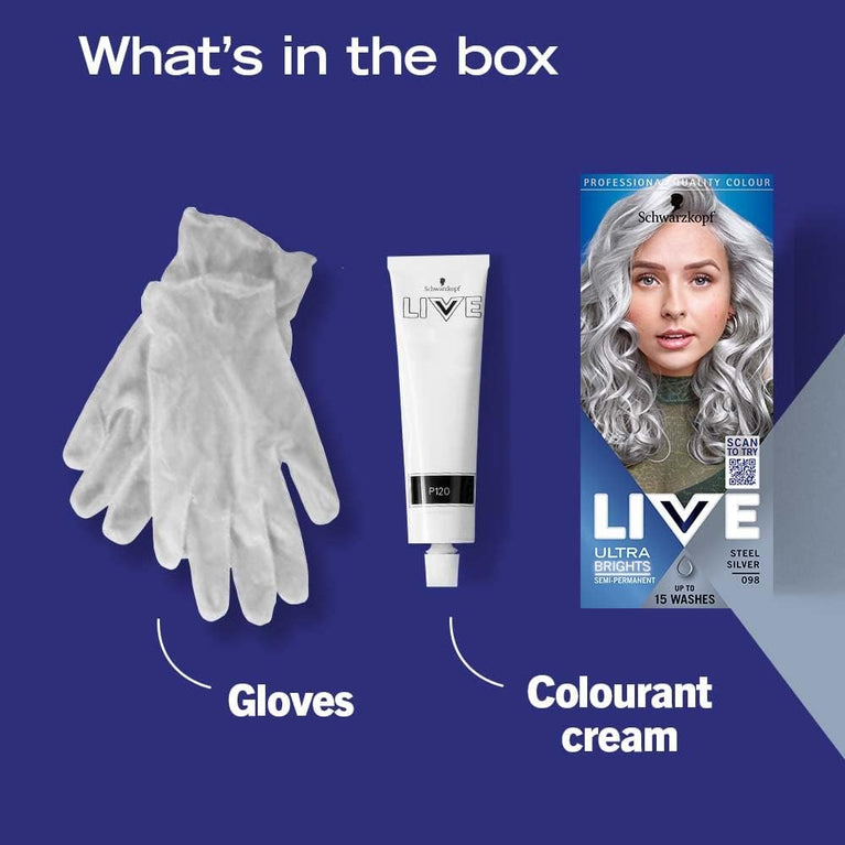 Schwarzkopf LIVE Ultra Brights Or Pastels, Vibrant Semi-permanent Silver Hair Dye, Lasts Up to 15 Washes, Steel Silver 098
