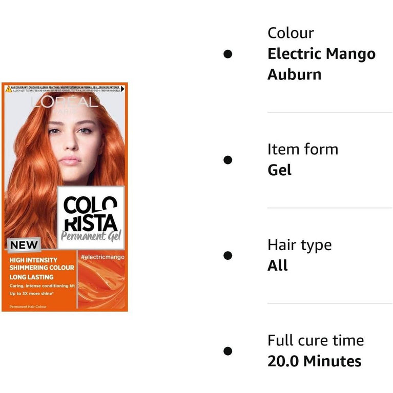 L'Oreal Paris Colorista Electric Mango Auburn Permanent Hair Dye Gel - Long-Lasting Formula for Bold Hair Color