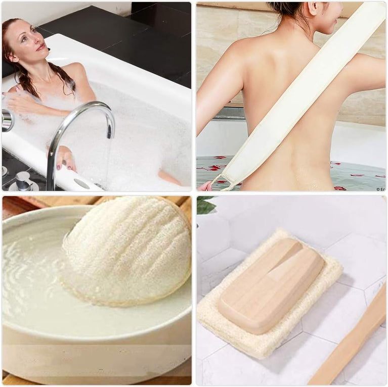 Exfoliating Back Scrubber Set with Natural Luffa and Long Wooden Handle for Shower and Bath Spa