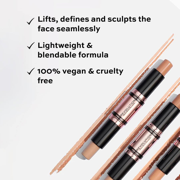 Makeup Revolution 2.4g Vegan Dual Contour & Highlight Stick - Medium Shade - Cruelty-Free & Blendable