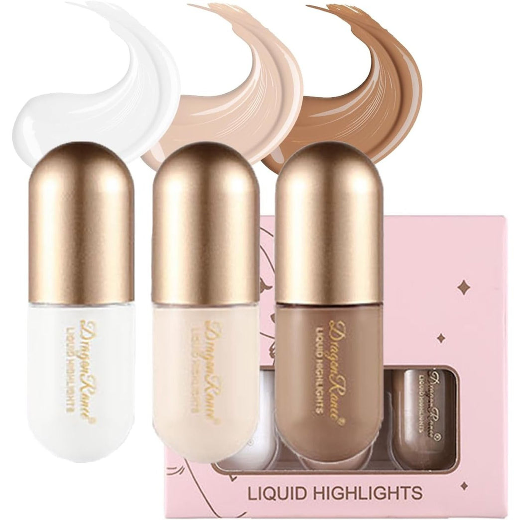 Radiant Beauty Trio: Long-Lasting Liquid Contour, Natural Glow Highlighter, and Brightening Concealer Set