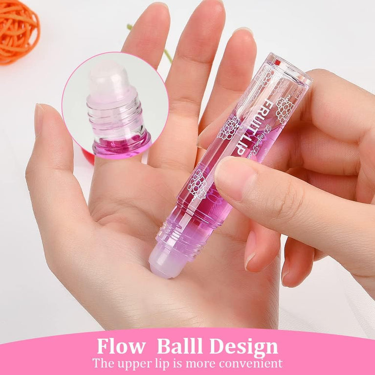 AOOWU 6-Piece Fruit-Flavored Lip Oil Kit - Hydrating, Long-Lasting Plumping Gloss with Roll-On Design (Peach, Orange, Avocado, Strawberry, Grape, Cherry)