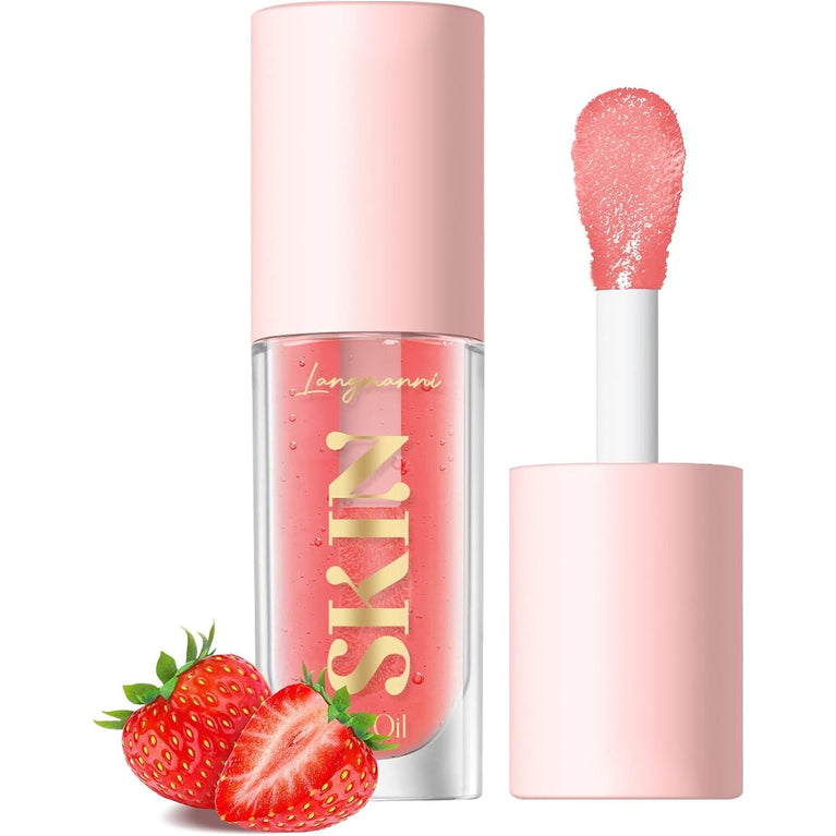 LANGMANNI Glossy Lip Care Oil Balm - Fruit Infused, Non-Sticky, Moisturizing and Nourishing Lip Balm for Dry Lips (Strawberry Flavor)