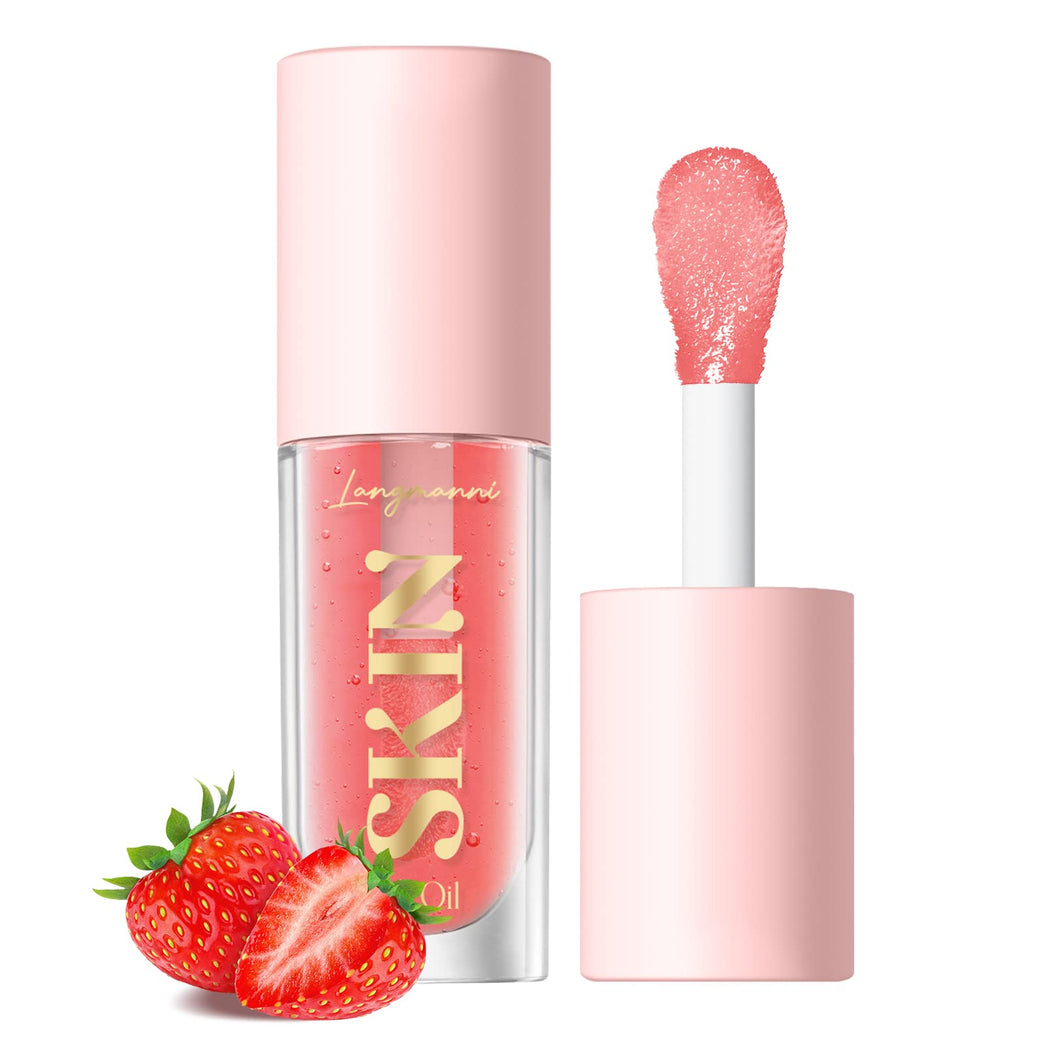 LANGMANNI Glossy Lip Care Oil Balm - Fruit Infused, Non-Sticky, Moisturizing and Nourishing Lip Balm for Dry Lips (Strawberry Flavor)